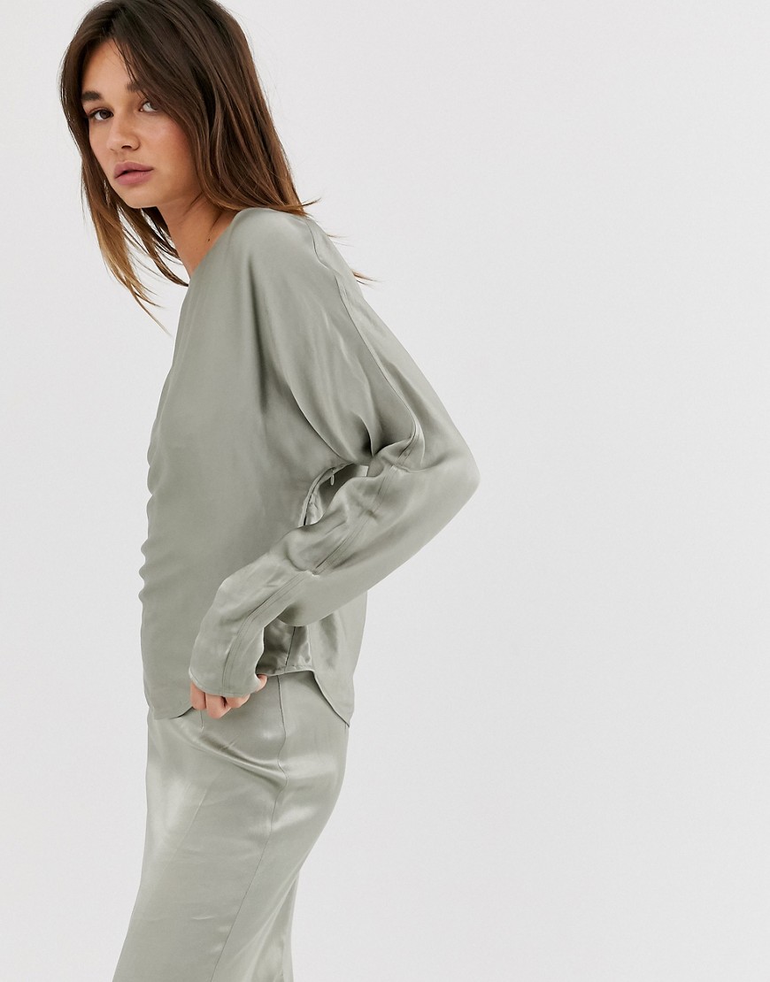 Weekday limited edition long sleeve top with satin in olive green