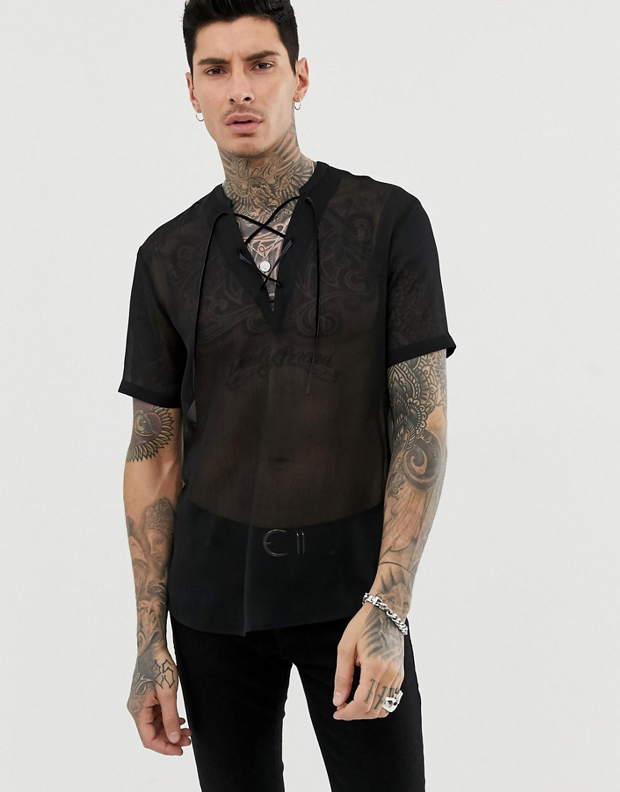ASOS DESIGN regular fit overhead sheer shirt in black with lace up detail