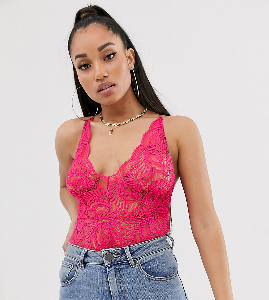 PrettyLittleThing Petite body with lace in neon pink