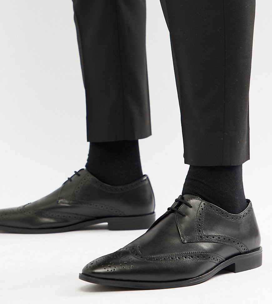 Frank Wright Wide Fit Wing Tip Brogue Shoes In Black Leather - Black