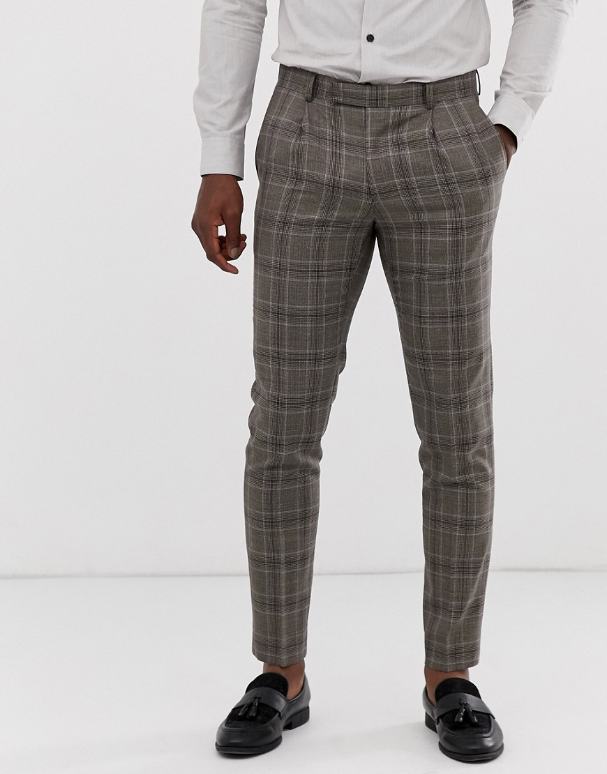 Moss London skinny suit trouser in brown check