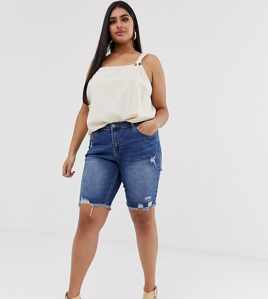 Simply Be longline denim shorts with distressing in stonewash