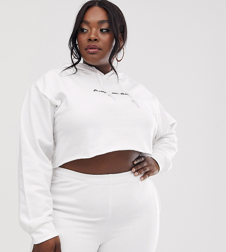 PrettyLittleThing Plus  cropped hoodie with  embroidered logo in white