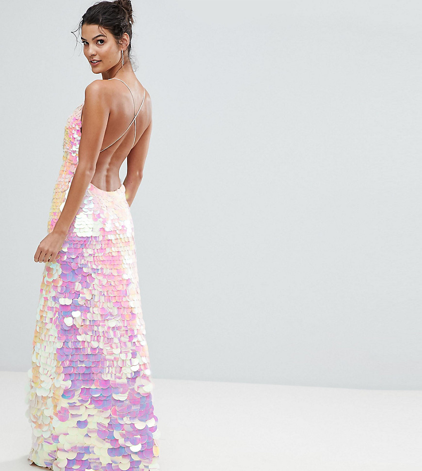 A Star Is Born Cami Strap Maxi Dress with Iridescent Overscale Sequins - Pink irredescent
