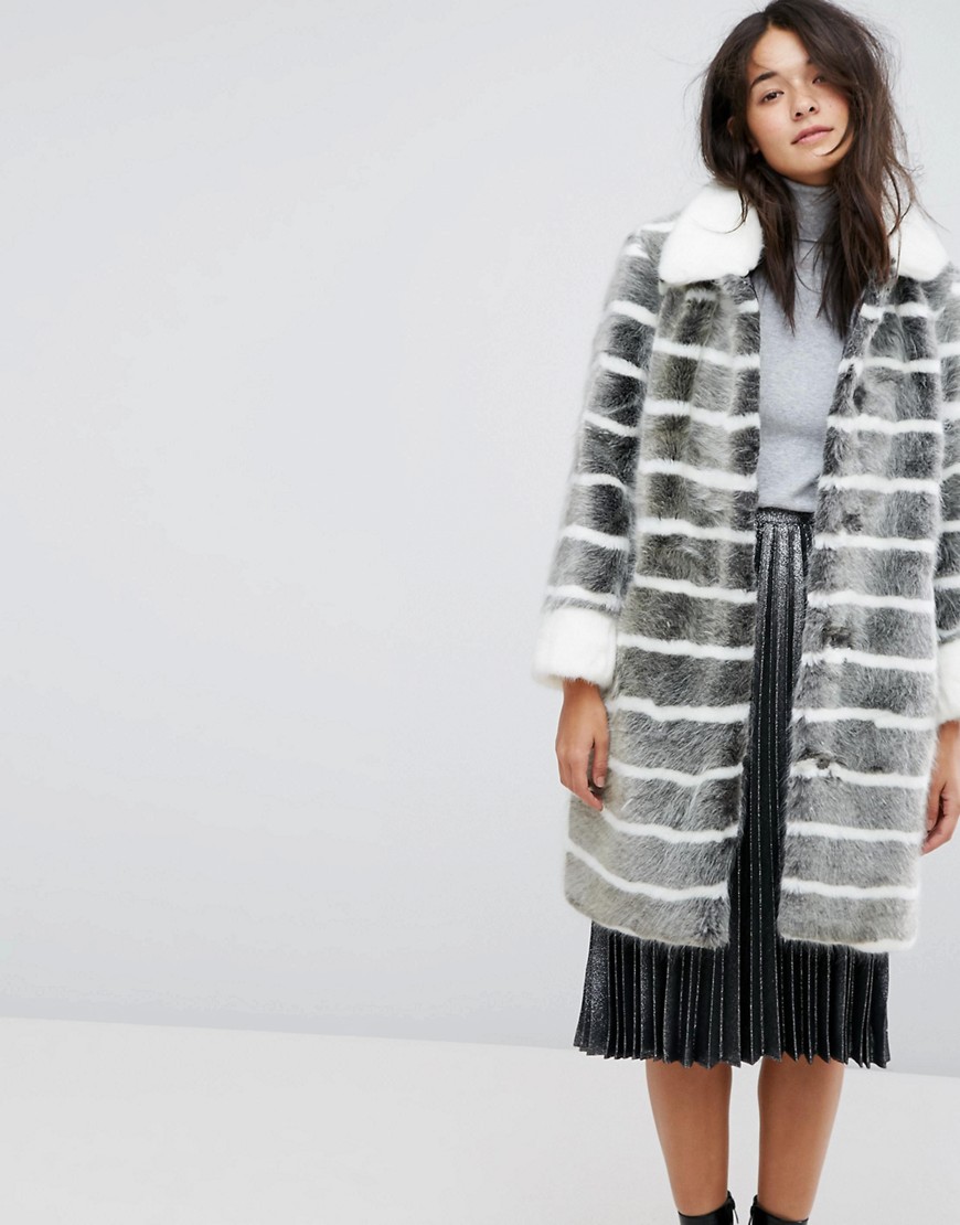 Urban Code Stripe Faux Fur Coat - Grey/white