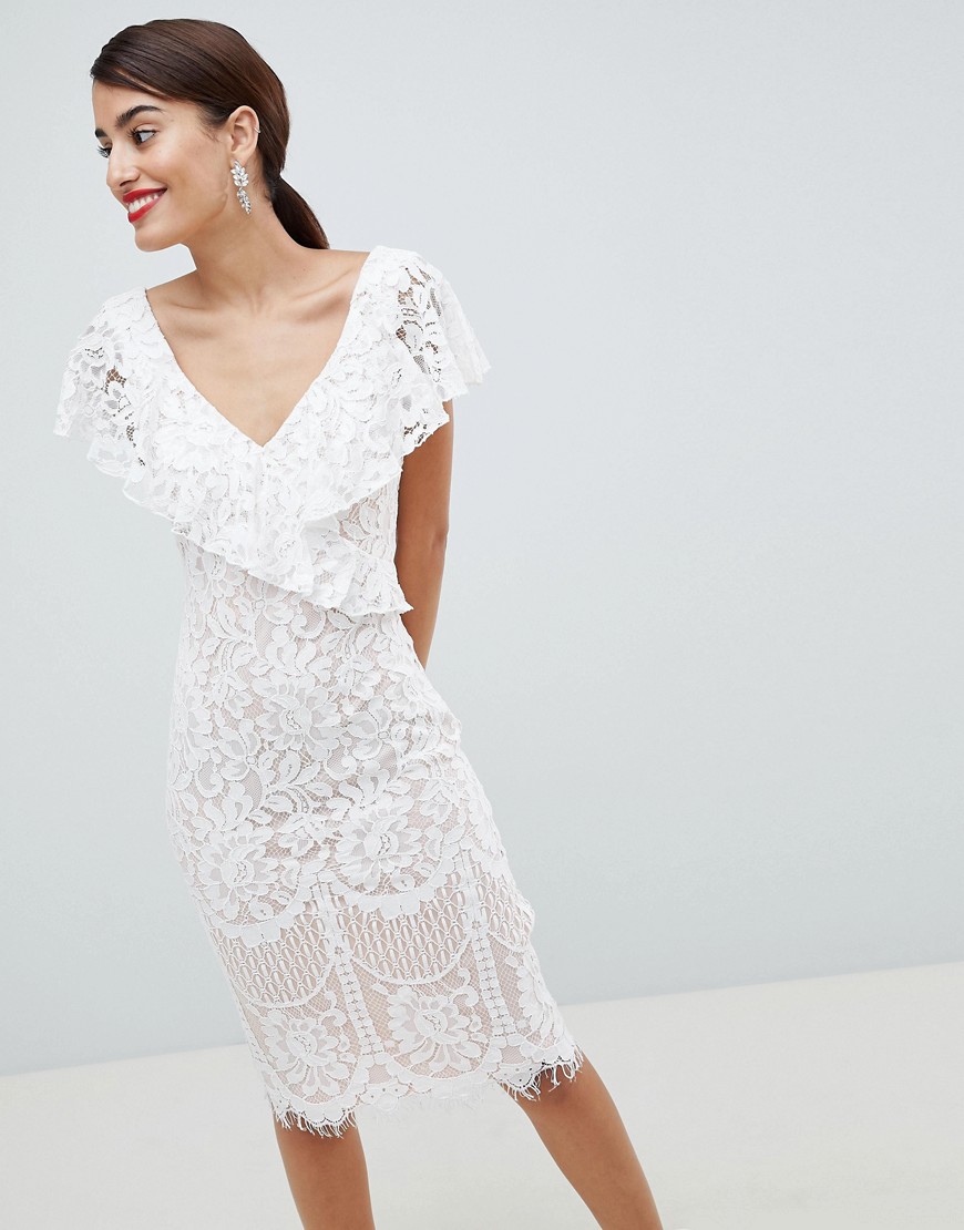 City Goddess Lace Pencil Dress With Frill Overlay