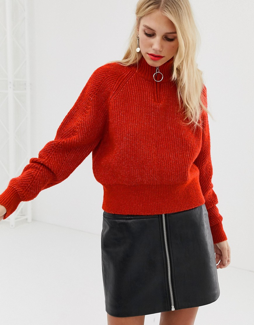 Pieces ribbed zip up jumper in red