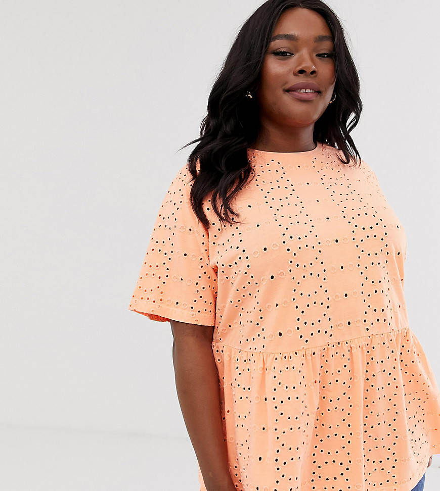 ASOS DESIGN Curve smock top in broidery in washed neon orange