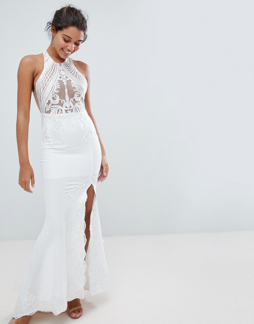 Love Triangle Embroidered Mesh Top Maxi With Thigh Split - White