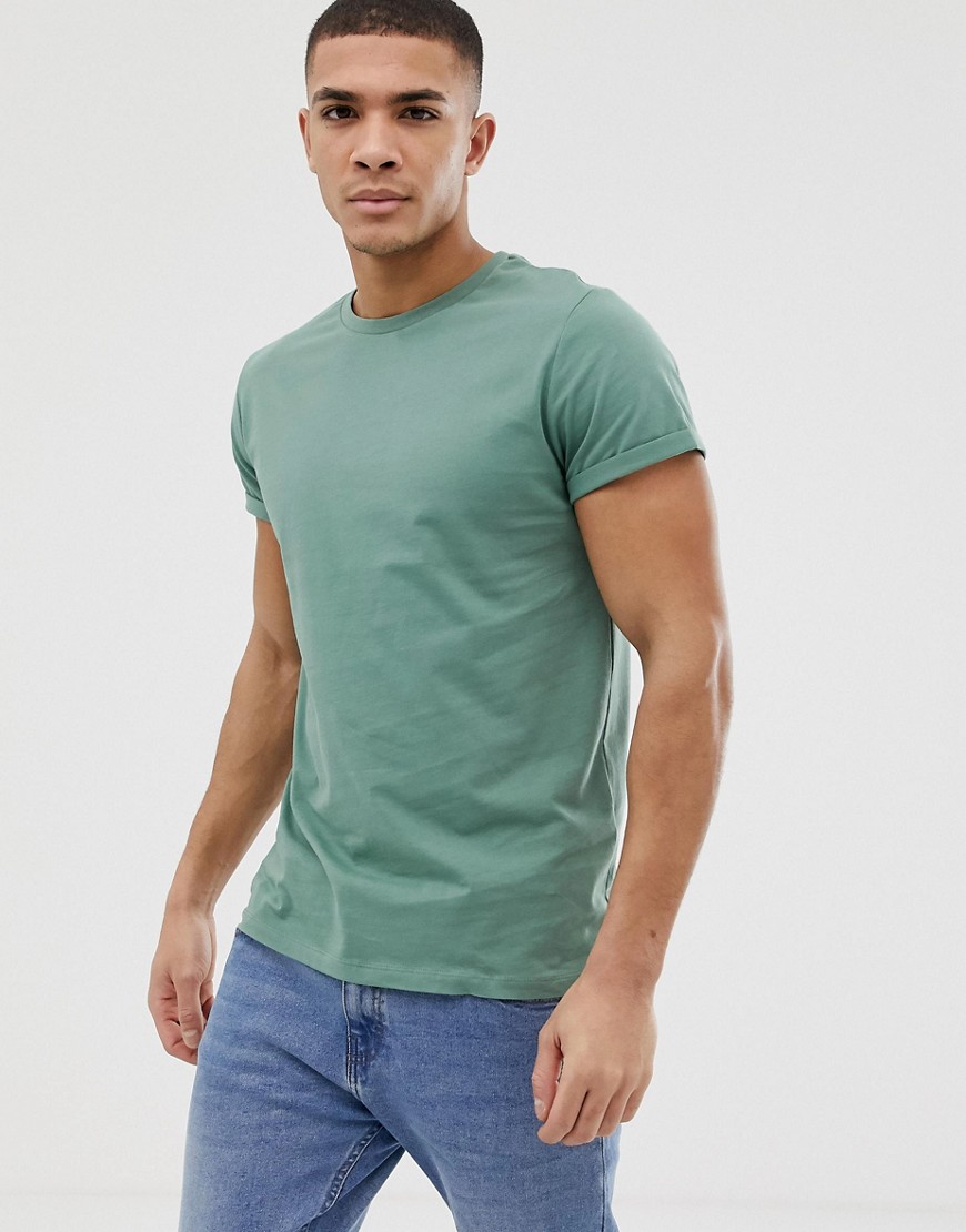 ASOS DESIGN crew neck t-shirt with roll sleeve in green