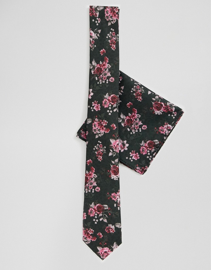 Twisted Tailor tie and pocket square set in in dark floral