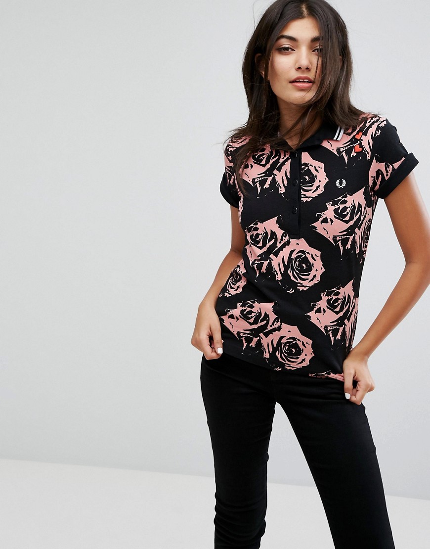 Fred Perry Amy Winehouse Foundation Rose Print Polo Shirt - Black