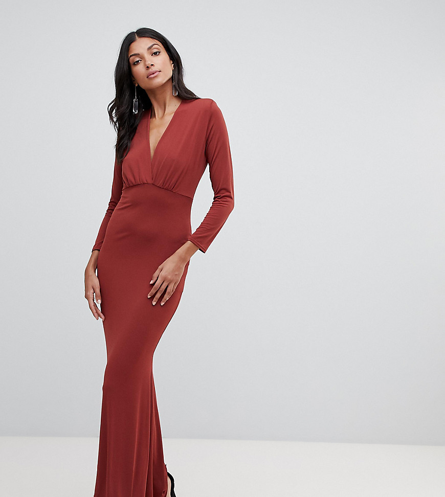 John Zack Tall plunge front maxi dress with fishtail in rust