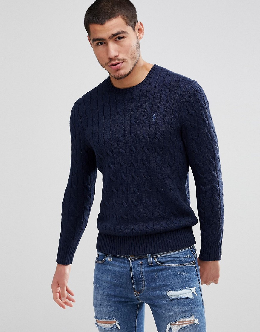 Polo Ralph Cotton Cable Knit Jumper Player Embroidery in Navy Marl - Worth navy heather