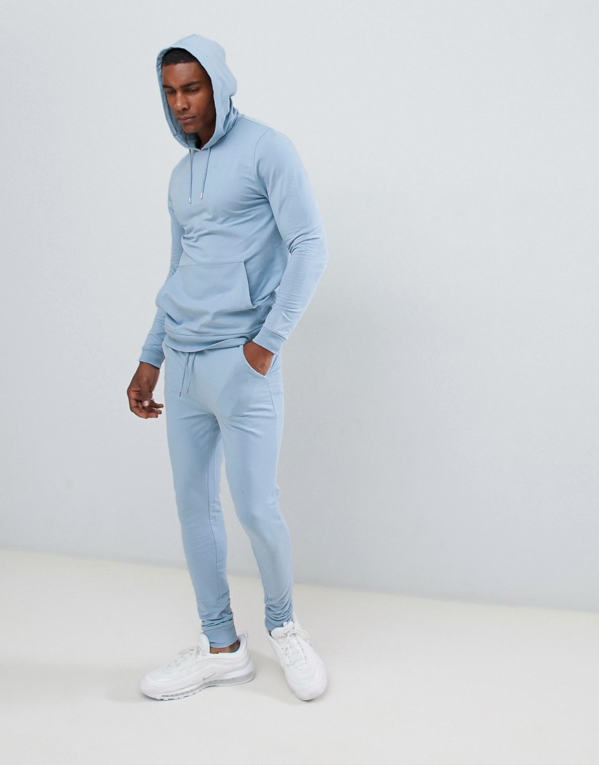 ASOS DESIGN Tracksuit Muscle Hoodie / Extreme Super Skinny Joggers In Light Blue