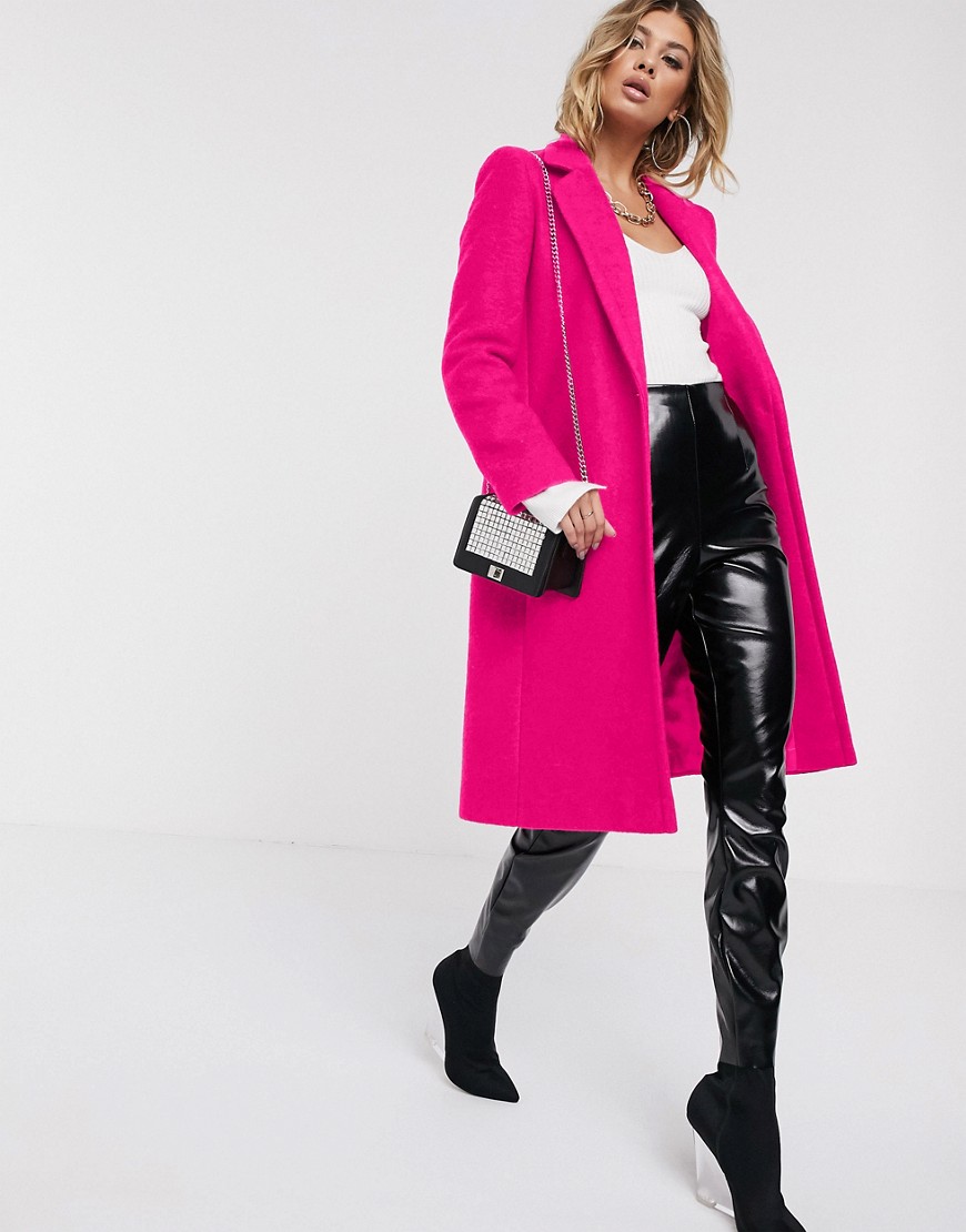 Helene Berman single button wool blend college coat in neon pink