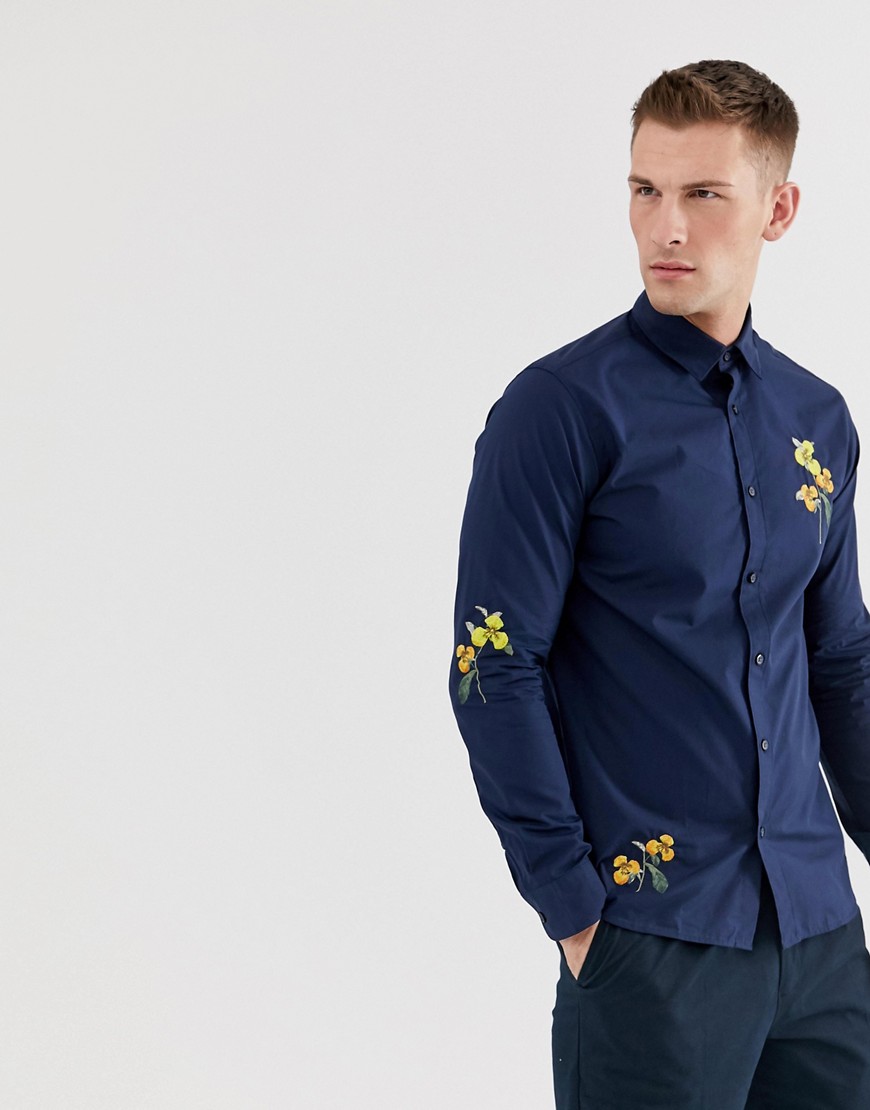 Selected Homme regular fit shirt with floral embroidery in navy
