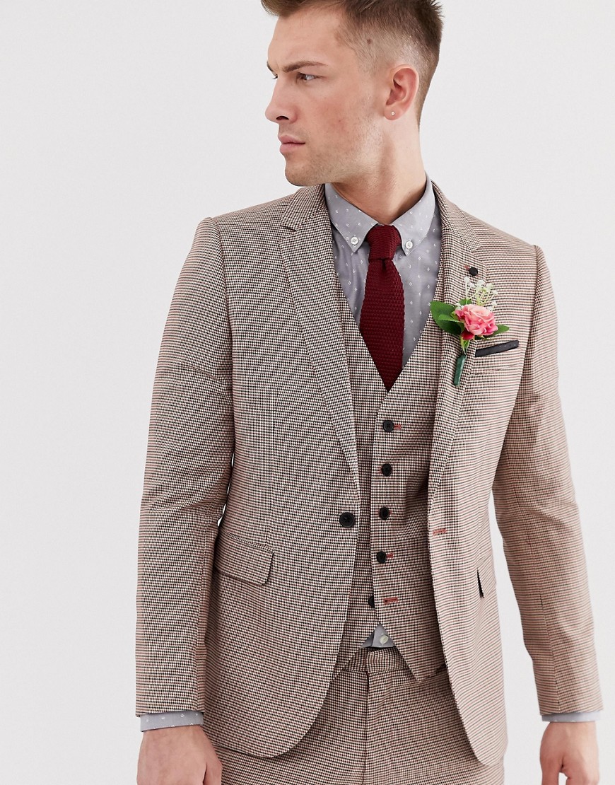 Burton Menswear wedding super skinny suit jacket in black and red dogtooth