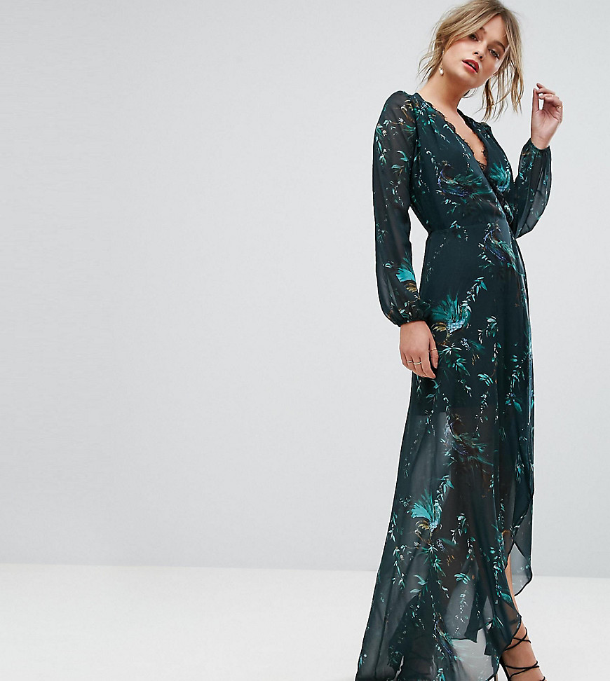 Hope & Ivy Long Sleeve Wrap Detail Floral Maxi Dress - Multi green