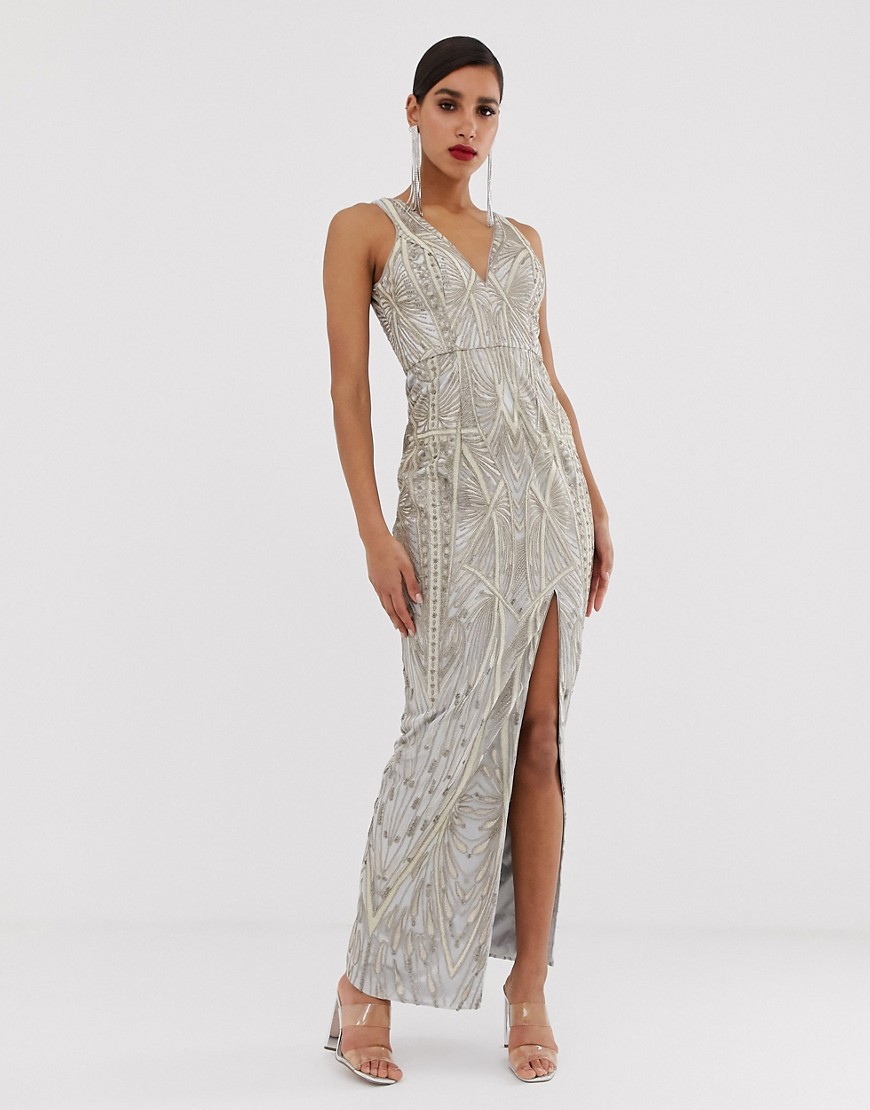 Bariano Embellished Metallic Lace Maxi Dress In Silver