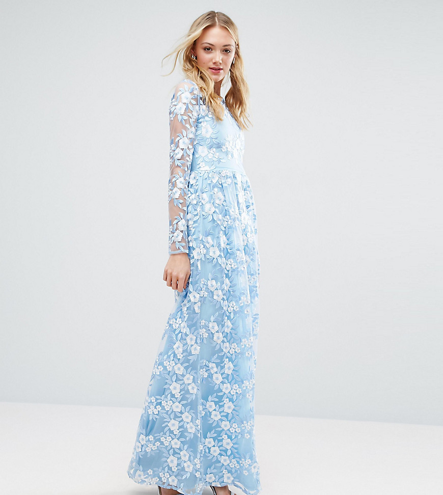 True Decadence Tall Premium 3D Lace Applique Maxi Dress - Soft blue