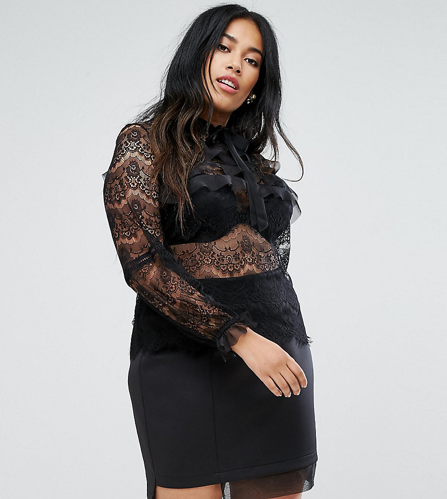 Truly You All Over Lace Blouse With Ruffle Detail - Black