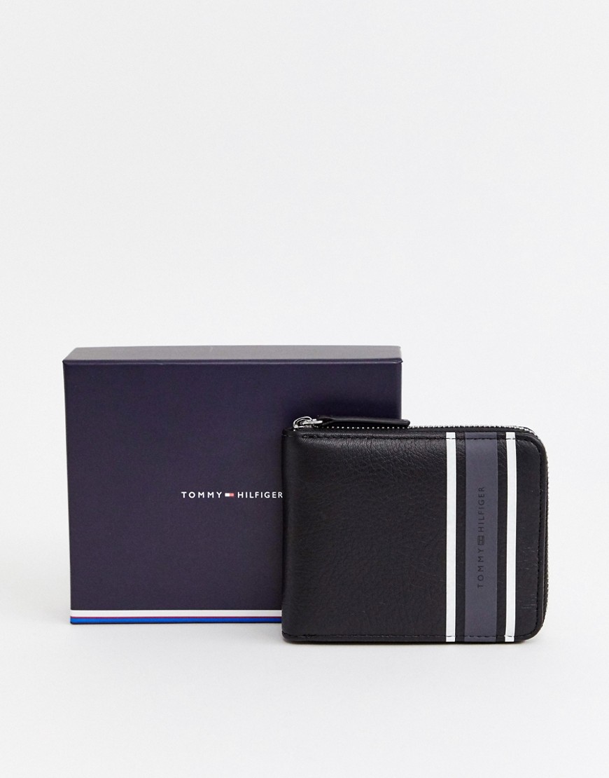 Tommy Hilfiger zip around wallet with grey stripe detail in black