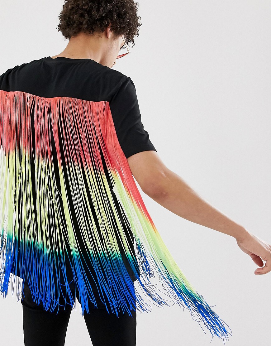 ASOS DESIGN festival relaxed t-shirt with longline multicoloured fringing in black