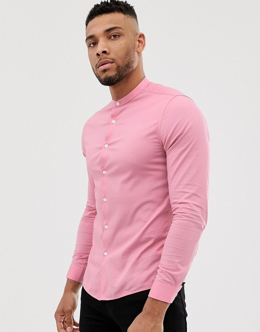 ASOS DESIGN stretch skinny fit shirt with grandad collar in pink