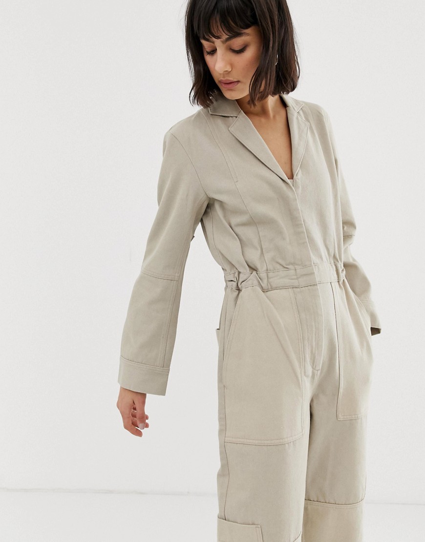 Weekday recycled edition cargo jumpsuit in sand beige