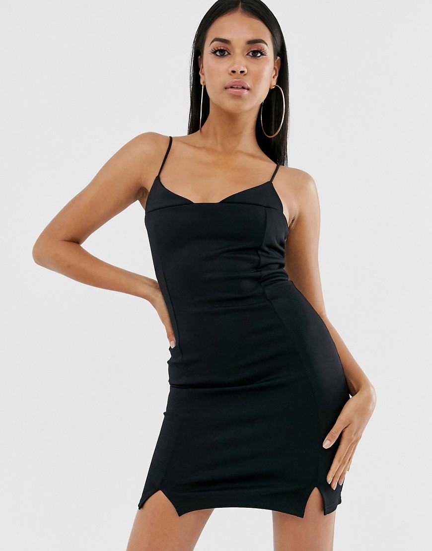 Asos Design Strappy Cami Mini Dress With Split Hem Detail-black