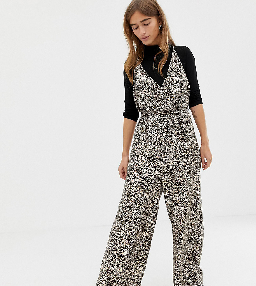 ASOS DESIGN Petite strappy wrap front jumpsuit in leopard animal print