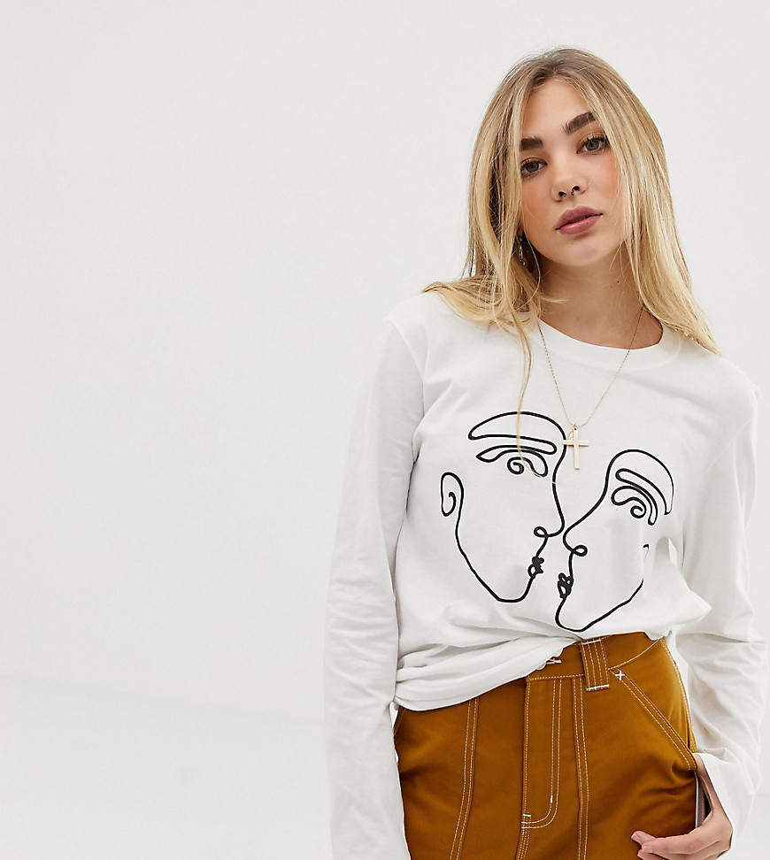 Reclaimed Vintage inspired long sleeve t-shirt with kissing faces print in white