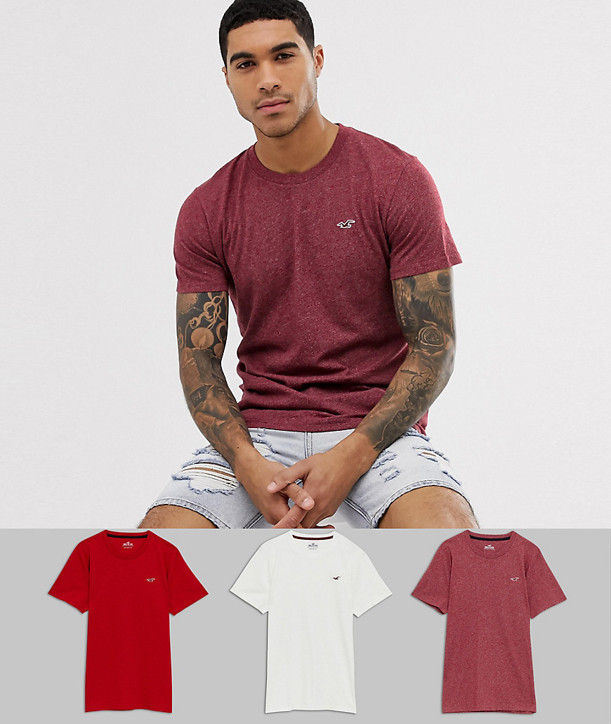 Hollister 3 pack icon logo t-shirt in white/red/burgundy