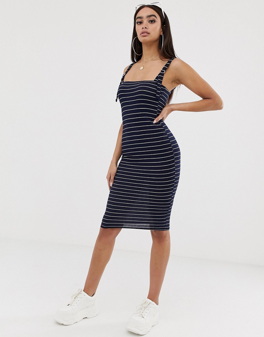 PrettyLittleThing bodycon midi dress with ring detail in navy stripe