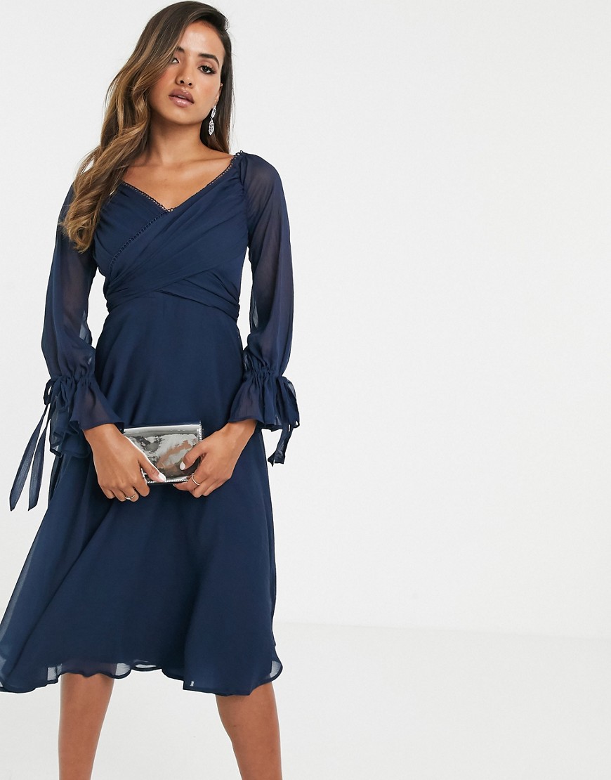 Asos Design Midi Dress With Layered Skirt And Wrap Waist With Lace Trim Detail-navy