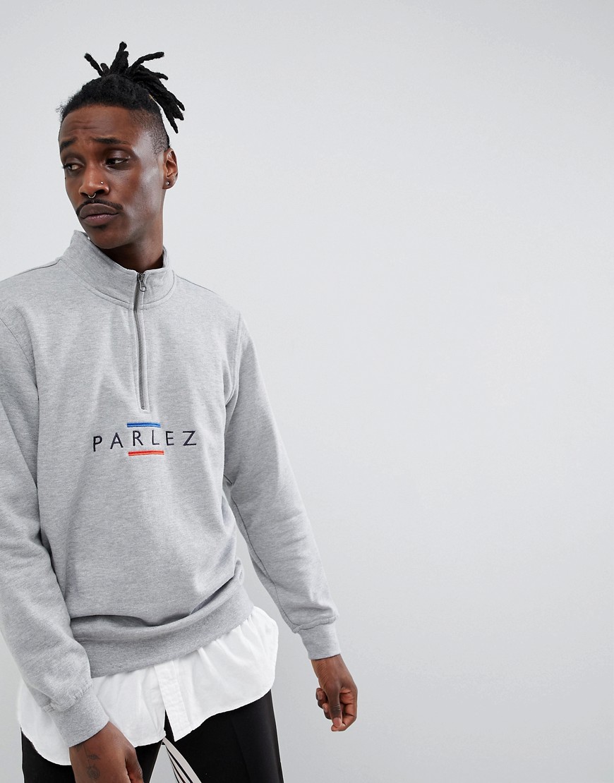 Parlez 1/4 Zip Sweat With Embroidered Line Chest Logo In Grey - Grey