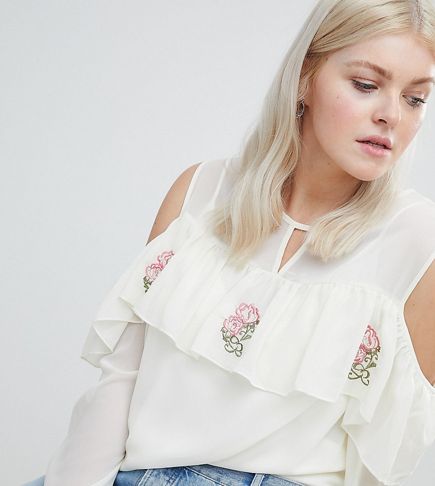 Koko Cold Shoulder Ruffle Top With Embroidery