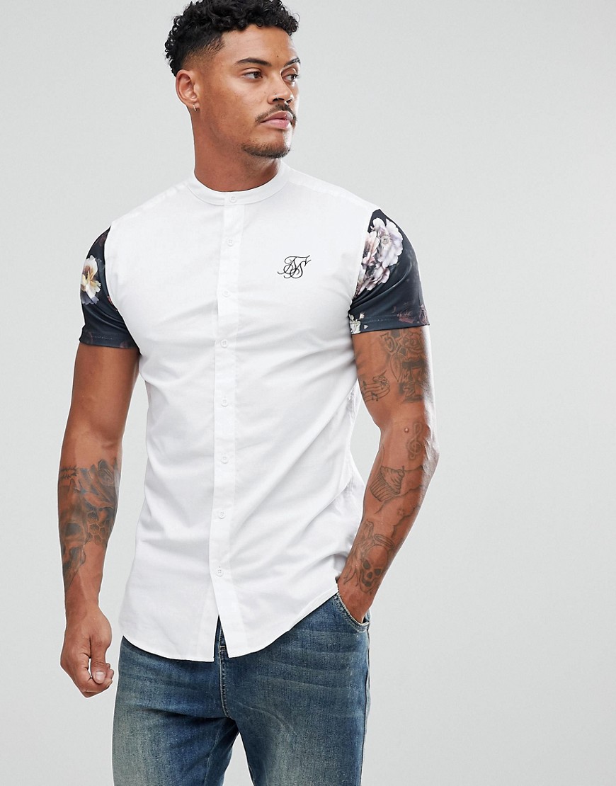 SikSilk Muscle Shirt In White With Floral Sleeves - White