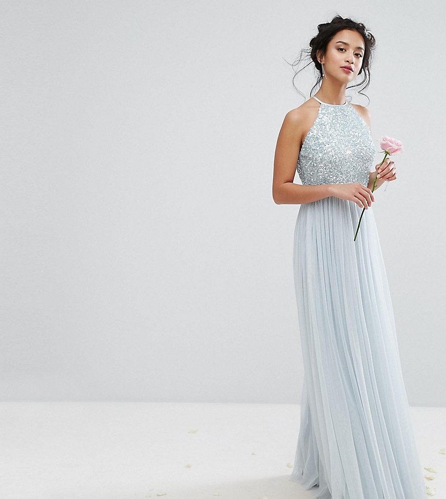 Maya Petite High Neck Maxi Tulle Dress With Tonal Delicate Sequins - Ice blue