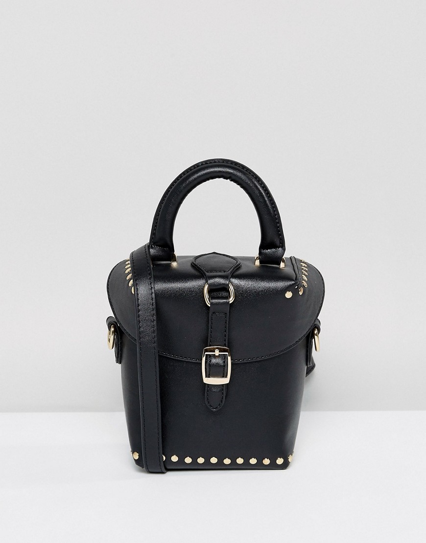 Melie Bianco Vegan Leather Boxy Across Body Bag With Buckle And Studding - Black