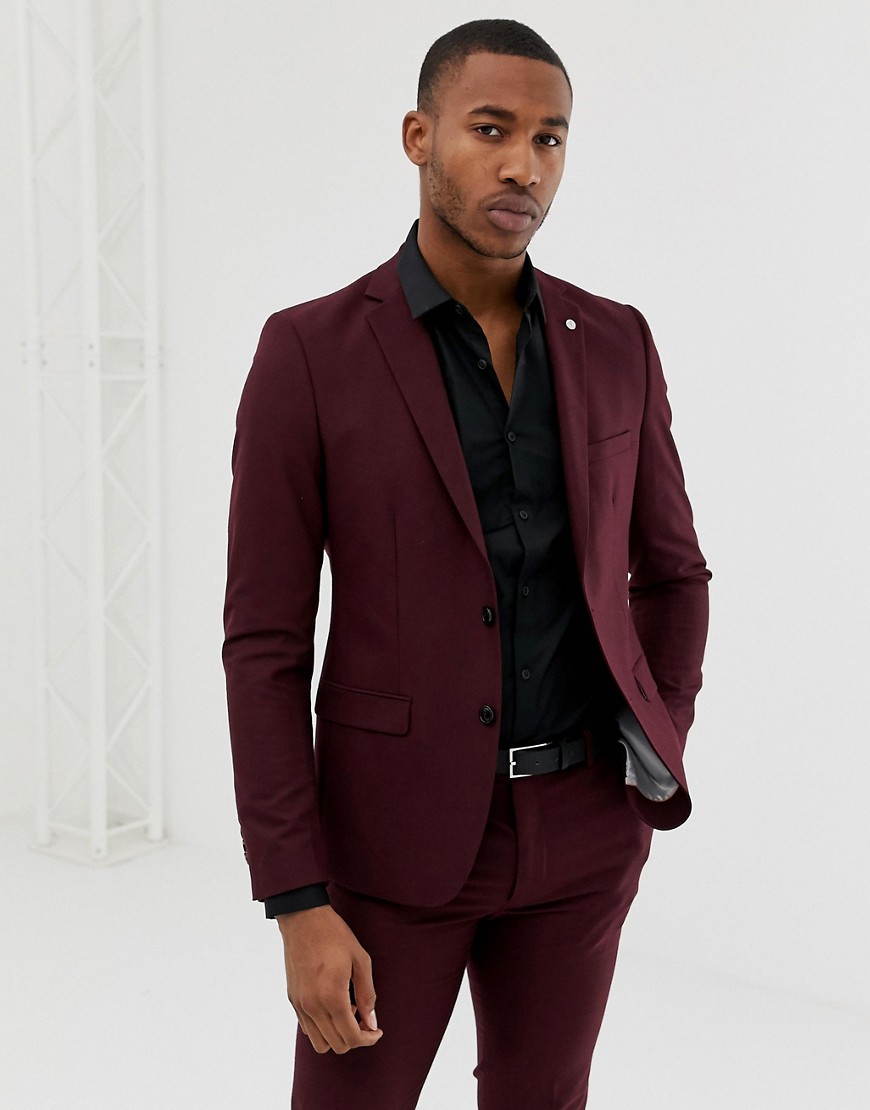Avail London skinny fit single breasted suit jacket in burgundy