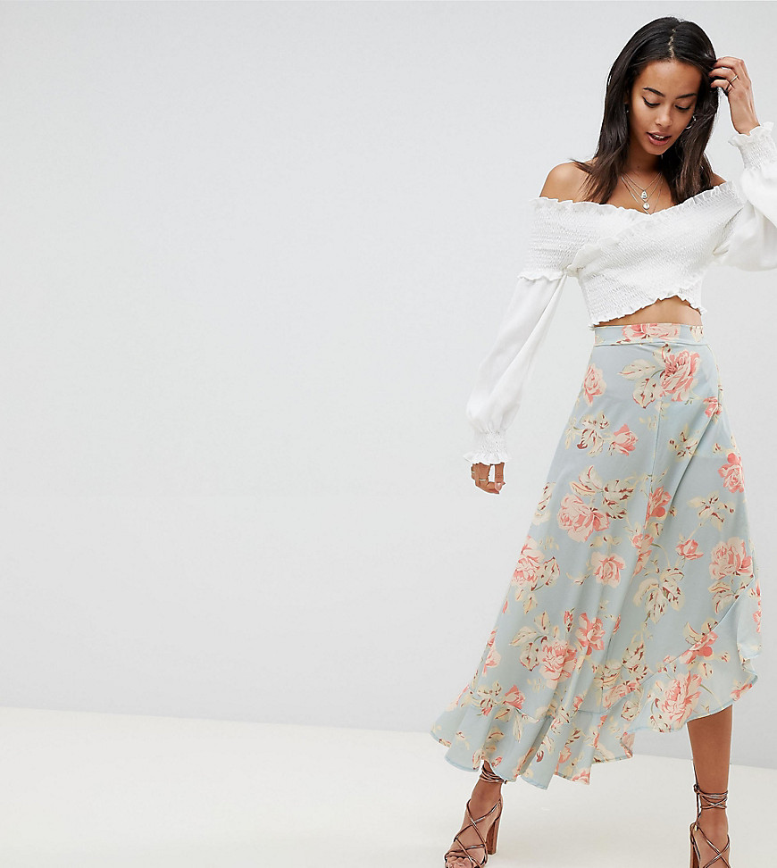 Missguided Tall exclusive tall floral ruffle midi skirt