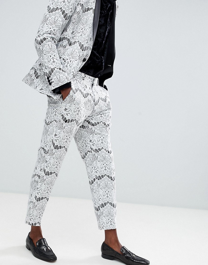 ASOS EDITION skinny crop tuxedo suit trousers in white lace