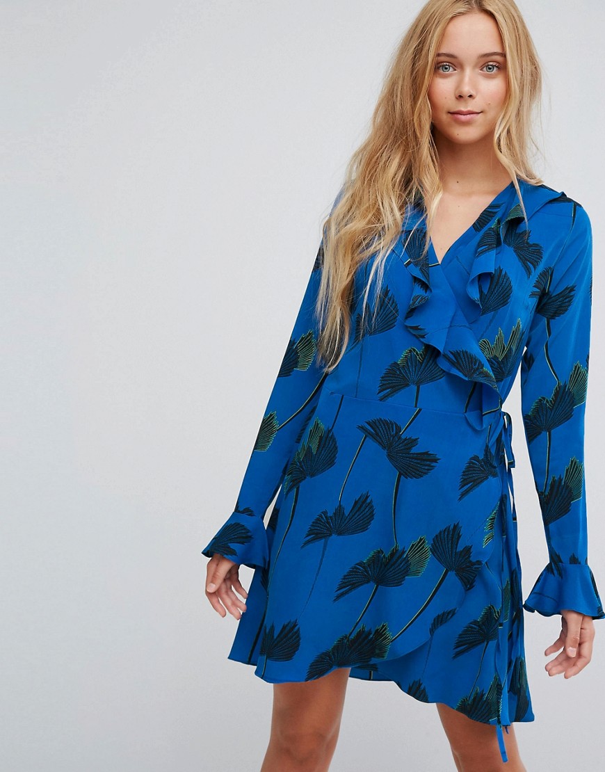 Liquorish Floral Print Wrap Dress - Blue