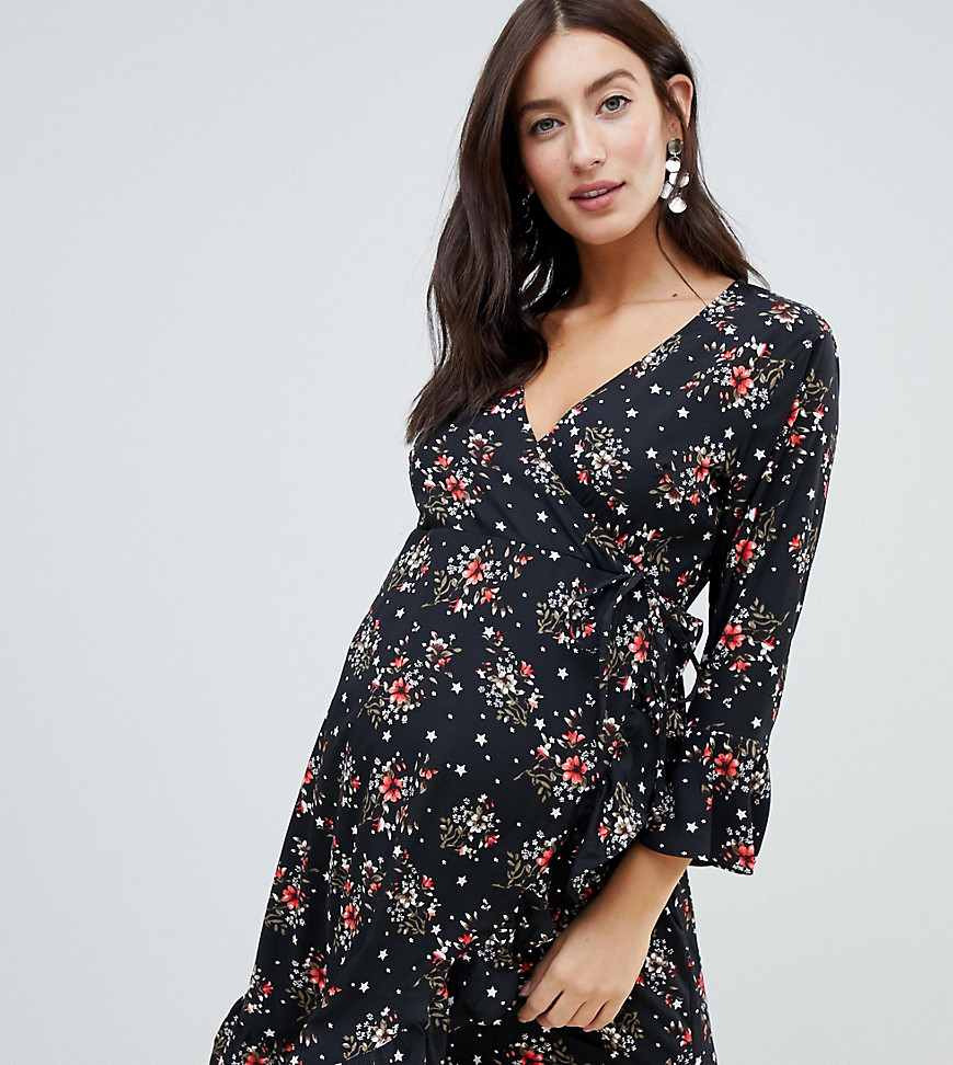 Influence Maternity floral and star print ruffle detail wrap dress