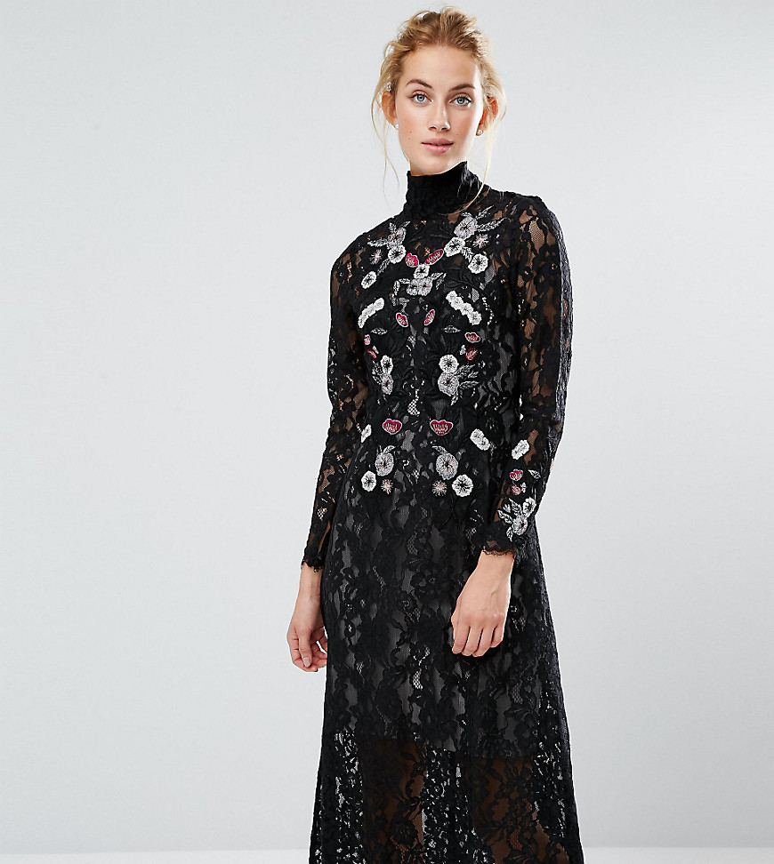 Hope & Ivy Midi Dress in Lace and Embroidery - Black/multi