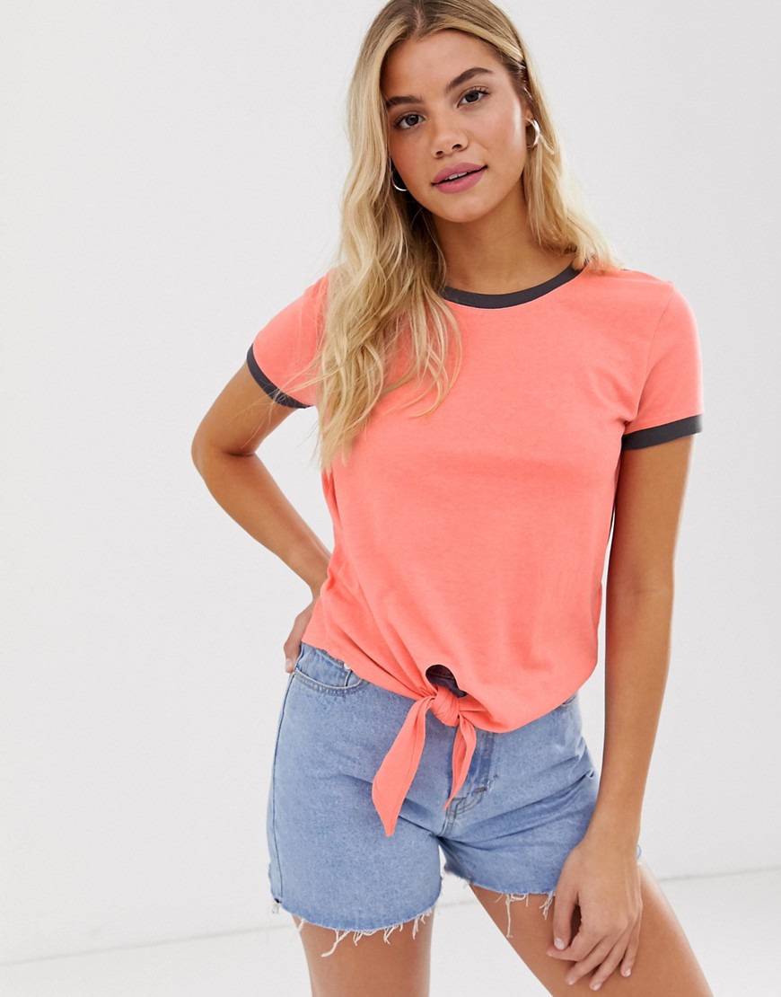 Brave Soul tie front ringer t shirt in peach