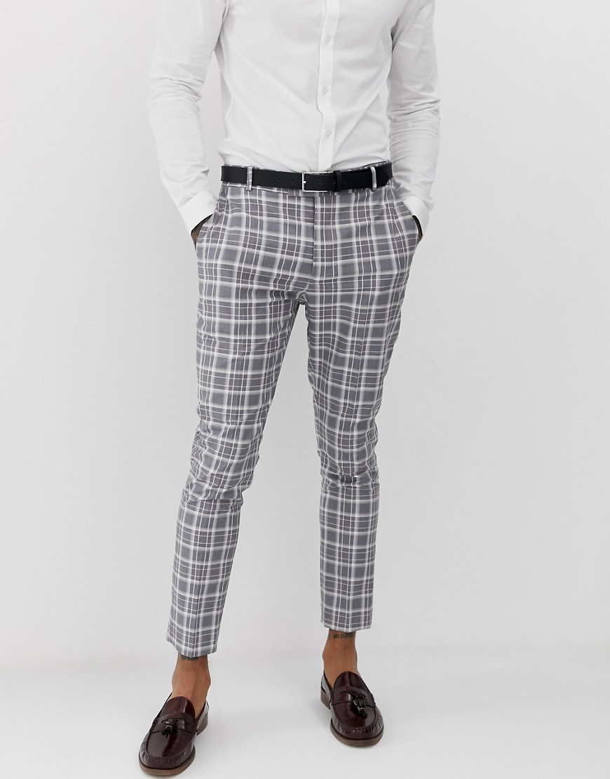 boohooMAN wedding skinny fit cropped suit trousers in grey check