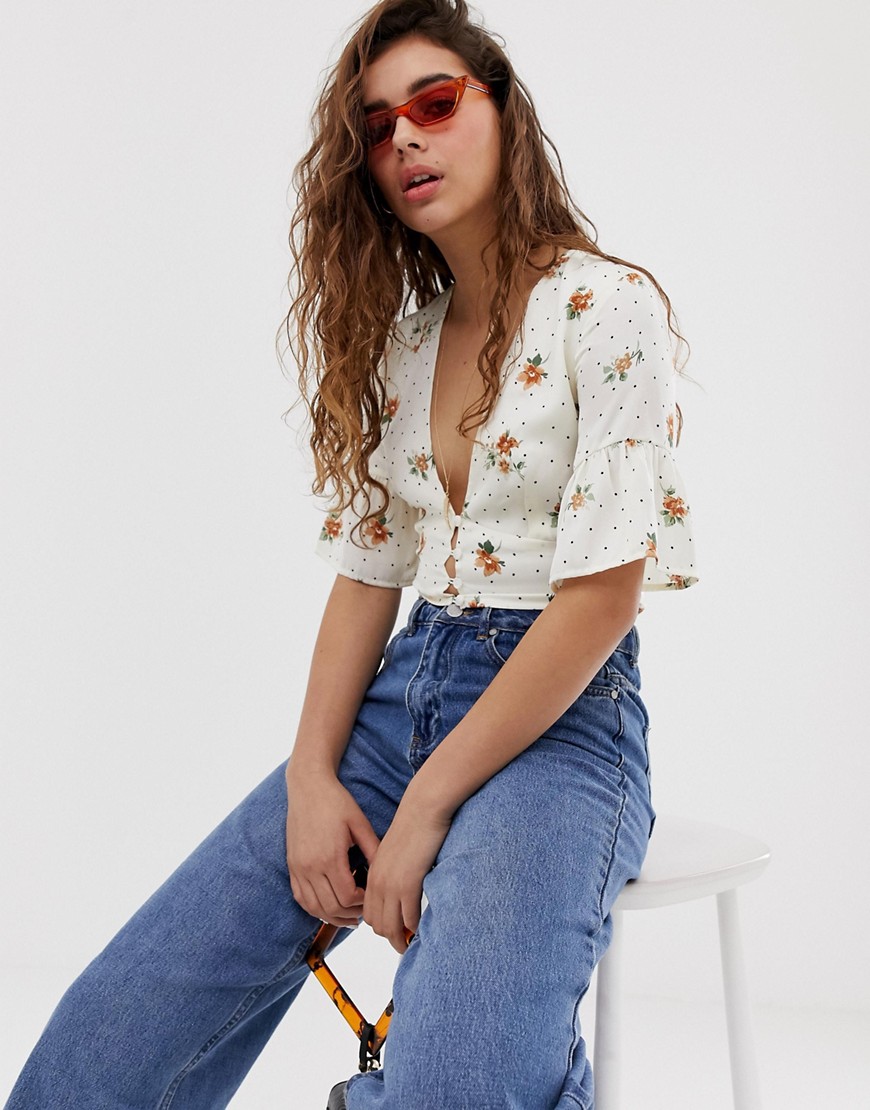 Wild Honey tea blouse with plunge front in floral